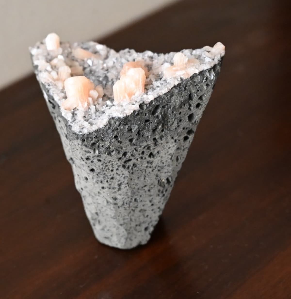 Peach Stilbite and Druzy Quartz on Vesicular Basalt — view 13