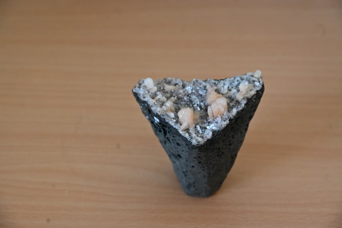 Peach Stilbite and Druzy Quartz on Vesicular Basalt — view 14
