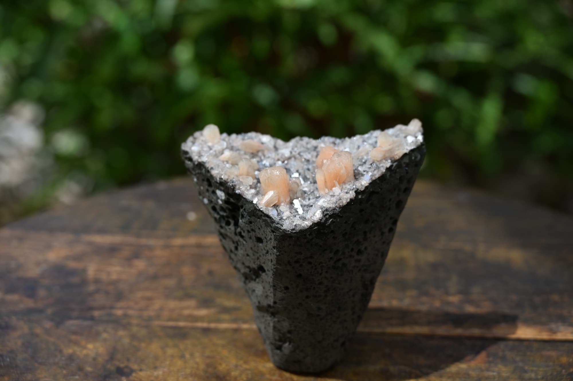 Peach Stilbite and Druzy Quartz on Vesicular Basalt — view 11