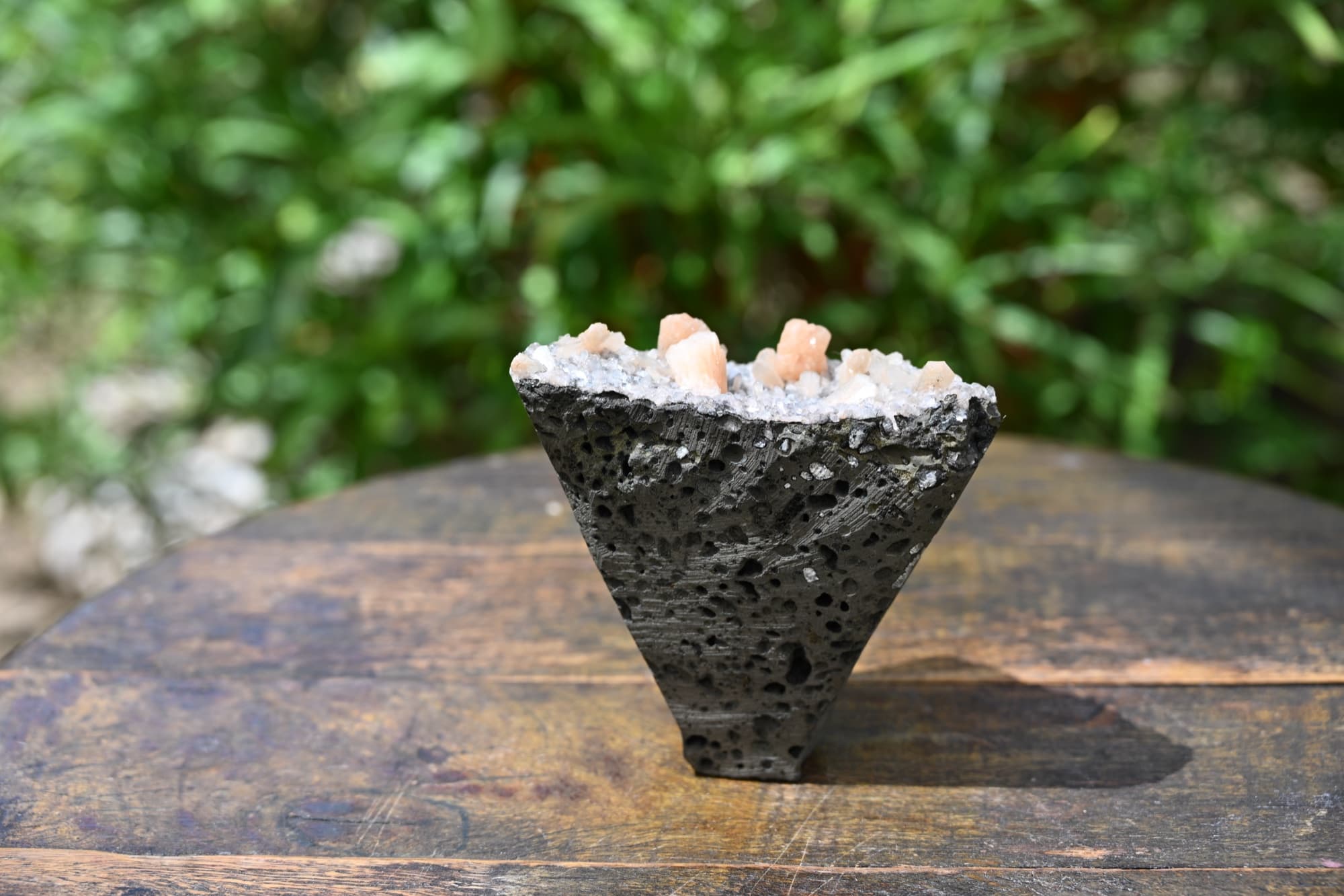 Peach Stilbite and Druzy Quartz on Vesicular Basalt — view 18