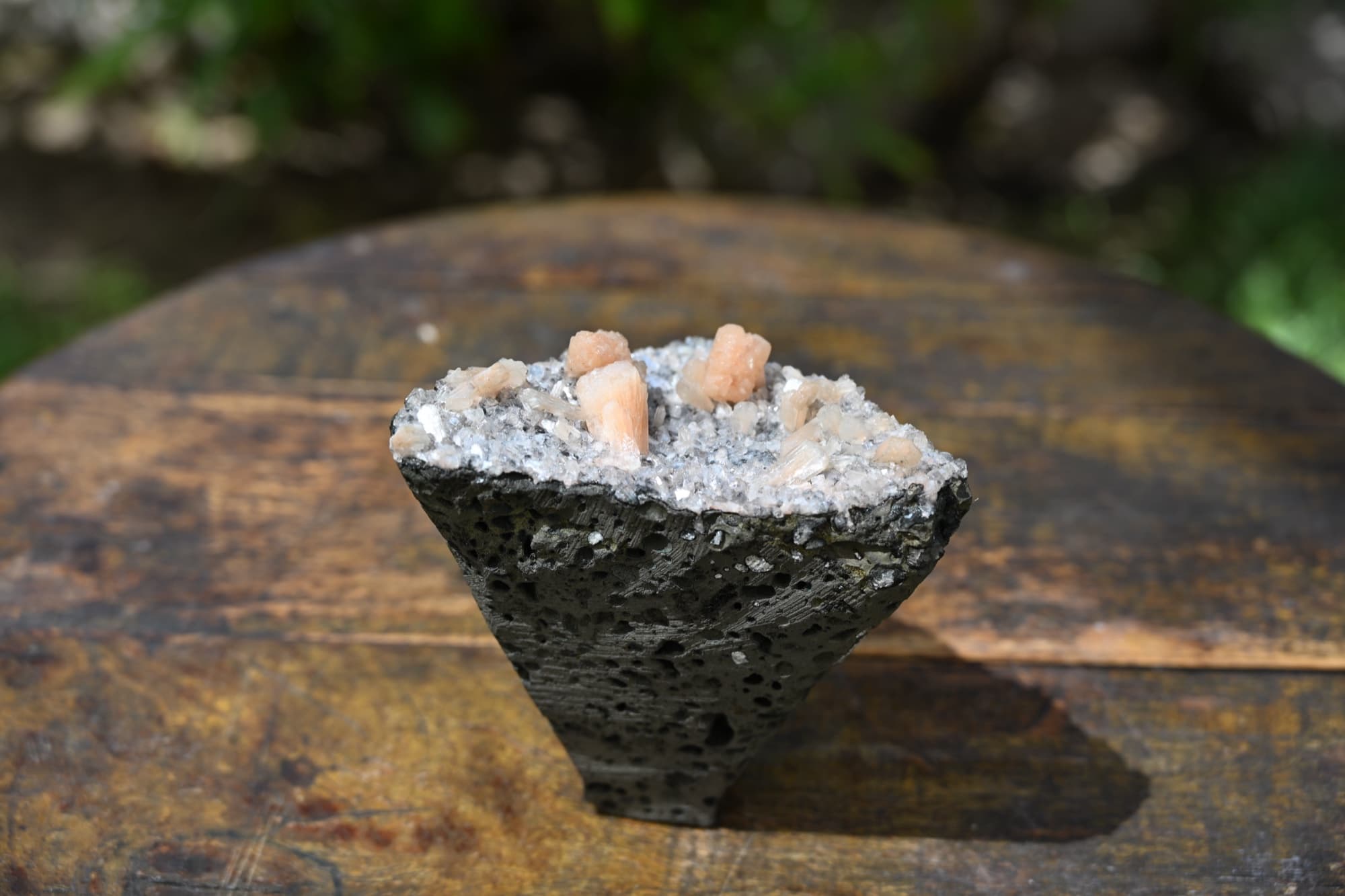 Peach Stilbite and Druzy Quartz on Vesicular Basalt — view 19