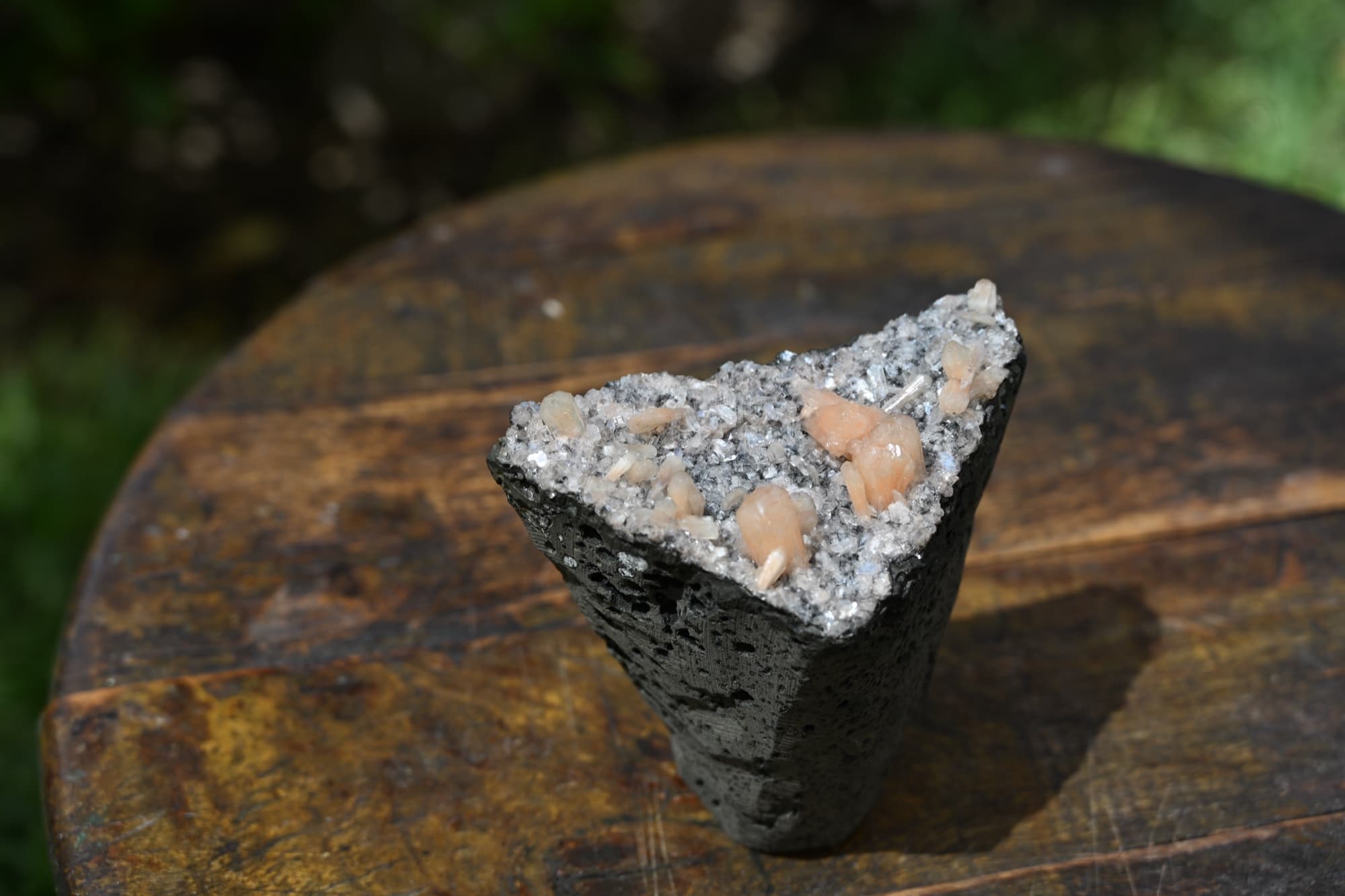 Peach Stilbite and Druzy Quartz on Vesicular Basalt — view 20