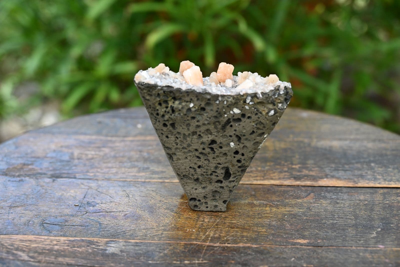 Peach Stilbite and Druzy Quartz on Vesicular Basalt — view 8