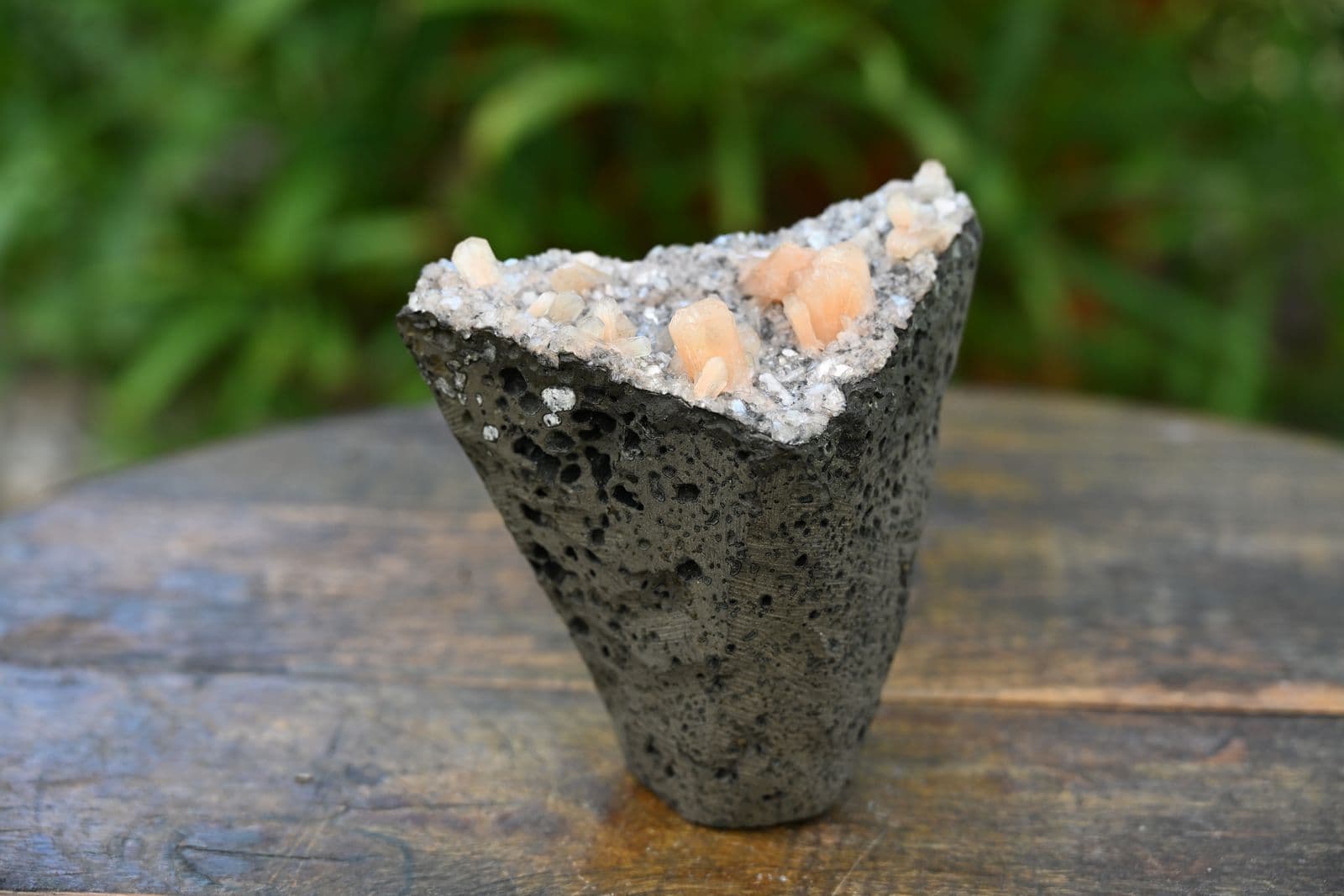 Peach Stilbite and Druzy Quartz on Vesicular Basalt — view 9