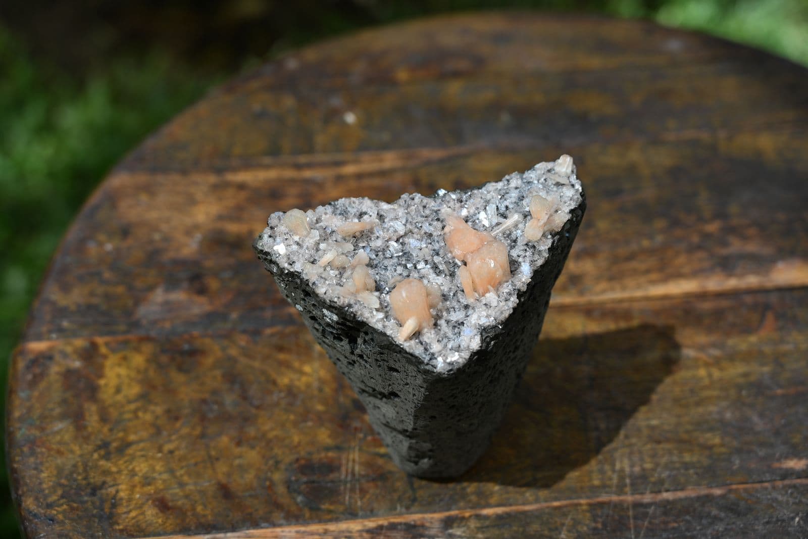 Peach Stilbite and Druzy Quartz on Vesicular Basalt — view 4