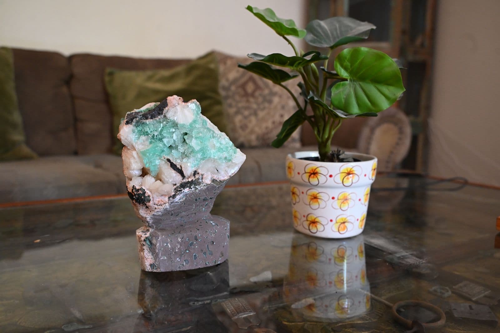 Green Apophyllite Crystal Cluster on Basalt Matrix with Display Pedestal — view 2