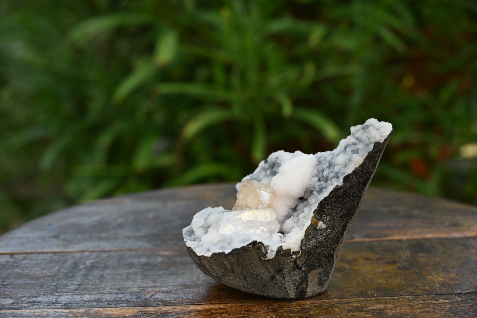 Golden Calcite on Quartz Druzy in Basalt Geode — view 4