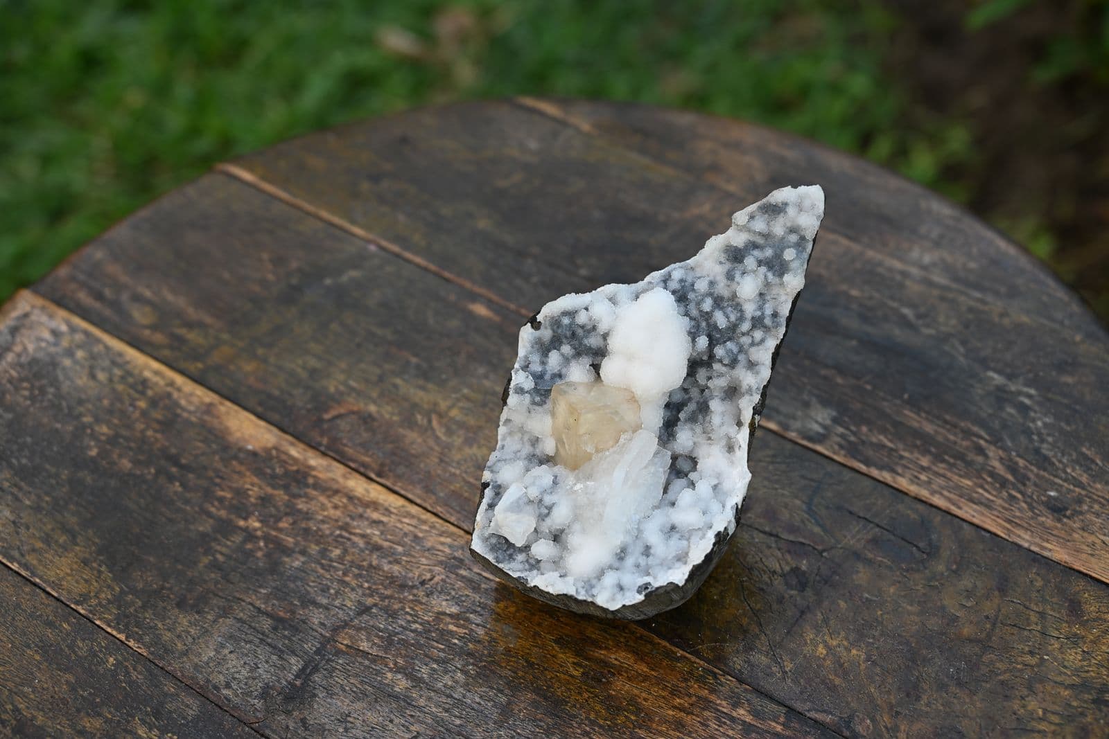 Golden Calcite on Quartz Druzy in Basalt Geode — view 5