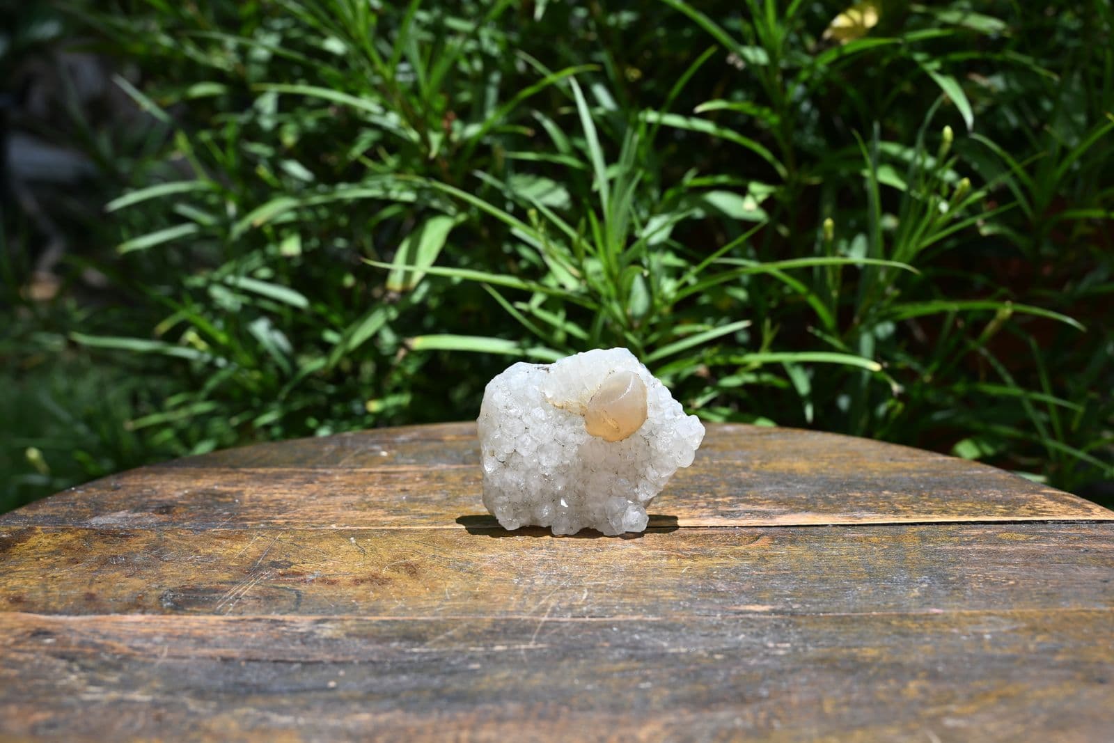 White Druzy Quartz Cluster with Calcite Point — view 2