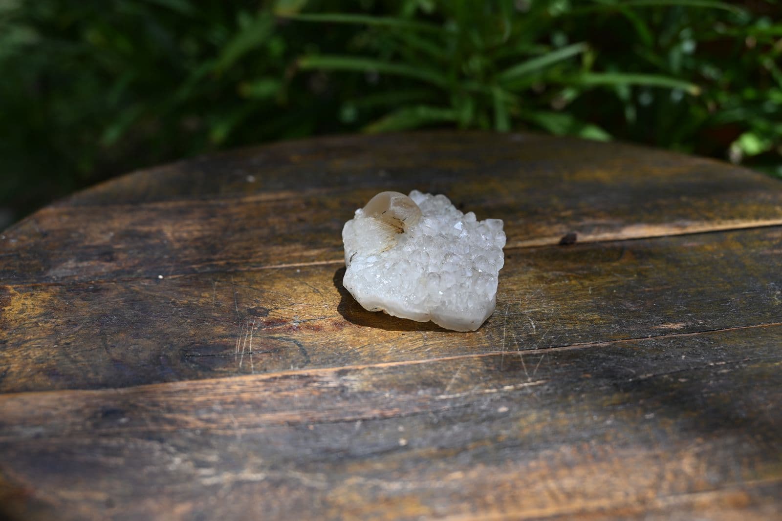 White Druzy Quartz Cluster with Calcite Point
