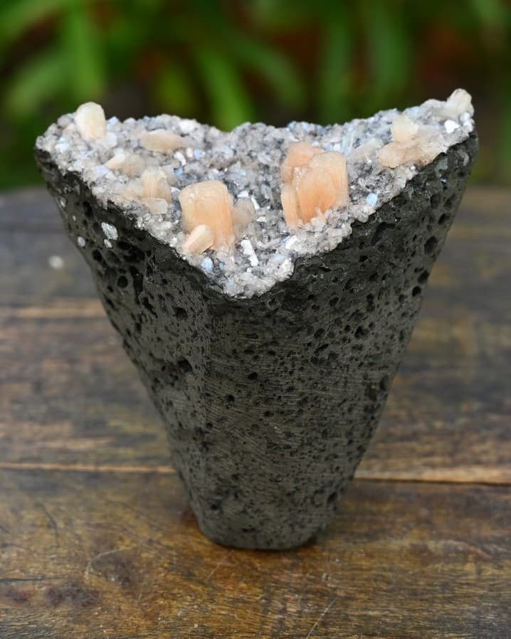 Peach Stilbite and Druzy Quartz on Vesicular Basalt